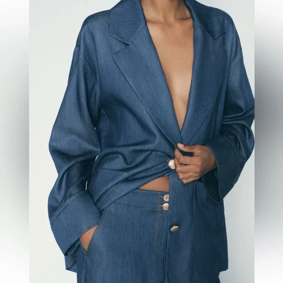 Denim effect Blue Oversized Women's Blazer - Picture 6 of 12